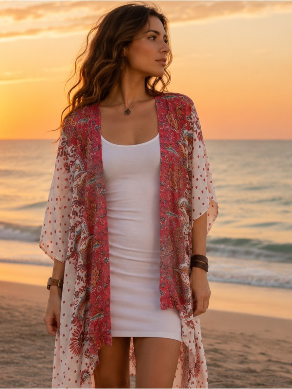 Zac & Rachel Red White Paisley Kimono Coverup Cardigan Size Small